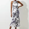 Abstract Floral Satin Woven Halter Midi Dress