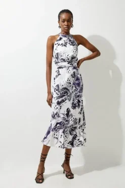 Abstract Floral Satin Woven Halter Midi Dress