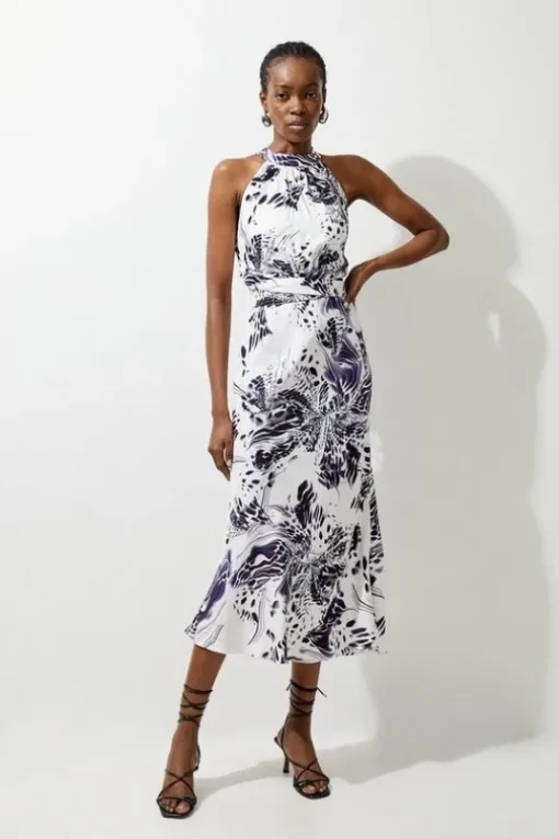 Abstract Floral Satin Woven Halter Midi Dress
