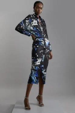 Abstract Swirl Printed Jersey Crepe Maxi Shirt Dress