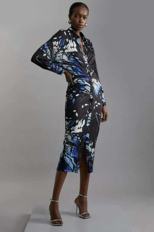 Abstract Swirl Printed Jersey Crepe Maxi Shirt Dress