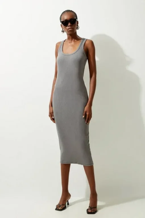 Acid Wash Compact Jersey Rib Racer Midi Dress