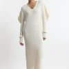 Alpaca Wool Blend Full Sleeve All Over Ribbed V Neck Knit Dress