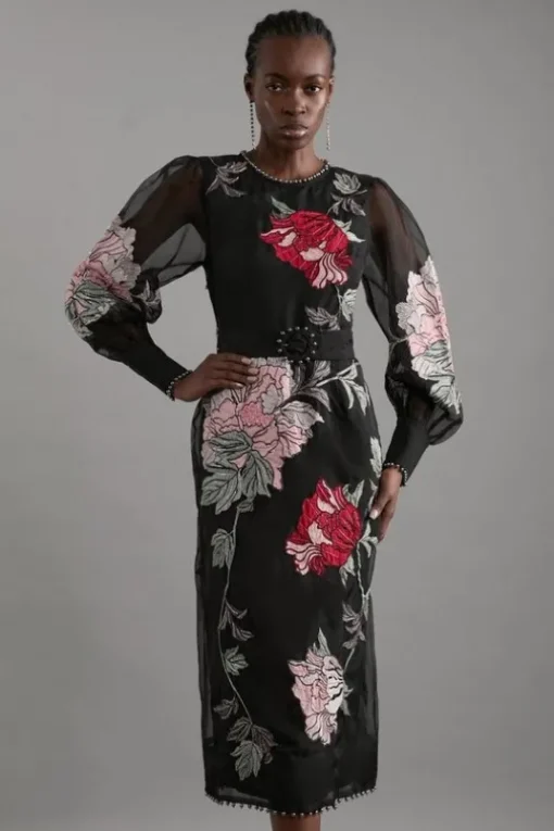Applique And Embroidered Organdie Woven Maxi Bandeau Dress With Beading