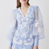 Applique Organdie Buttoned Woven Mini Dress