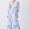 Applique Organdie Buttoned Woven Midi Dress