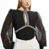 Bandage Embellished And Chiffon Sleeve Figure Form Knit Top