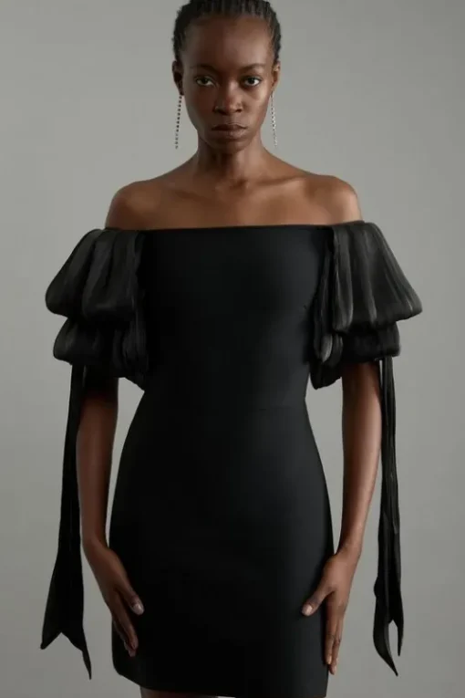 Bandage Figure Form Knit Tassel Sleeve Detail Mini Dress