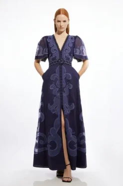 Baroque Applique Organdie Woven Maxi Dress