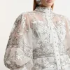 Baroque Organdie Applique Buttoned Woven High Neck Blouse