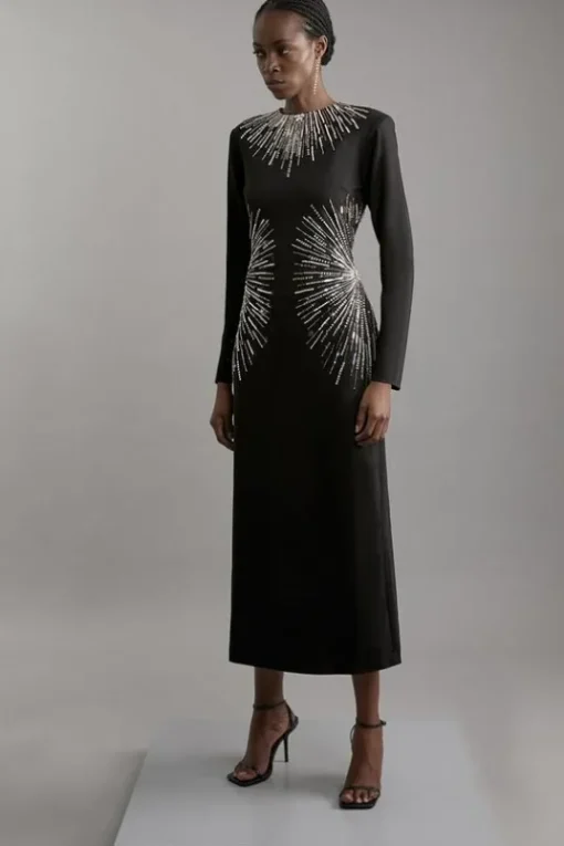 Beaded And Embellished Ponte Jersey Midi Dress