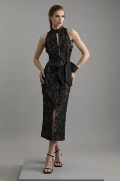 Beaded Textured Lace Halter Woven Maxi Dress