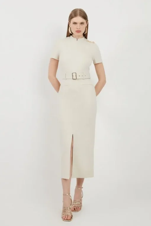 Belted Detail Ponte Jersey Short Sleeve Midi Dress