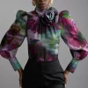 Blurred Floral Tie Detail Woven Organdie Blouse
