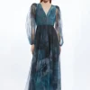 Blurred Floral Tulle Plunge Maxi Dress