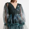 Blurred Floral Tulle Plunge Mini Dress