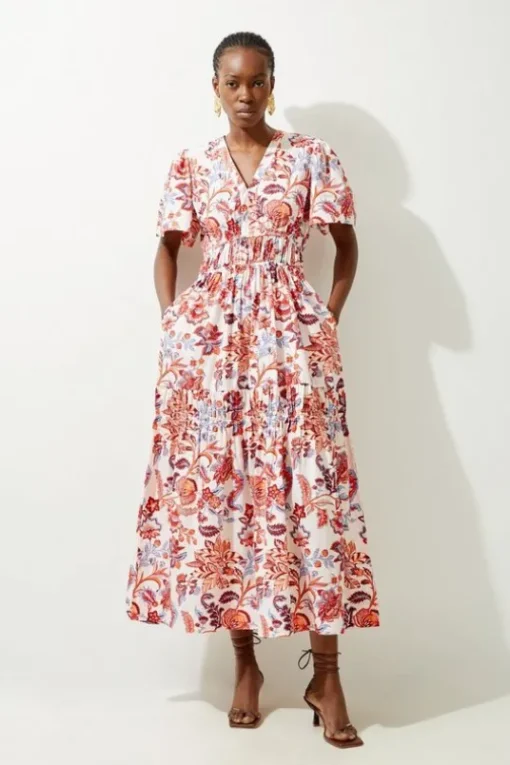 Botanic Floral Cotton Woven Maxi Dress