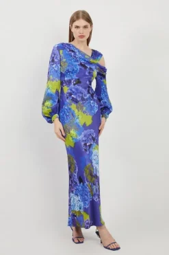 Bright Floral Print Satin Cold Shoulder Draped Midi Dress