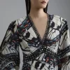 Butterfly Print Lace Insert Trim Woven Midaxi Dress