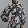 Butterfly Print Lace Insert Trim Woven Mini Dress