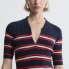 Cashmere Blend Zip Detail Stripe Knit Polo Top