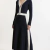 Cashmere Wool V Neck Color Block Dress