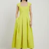 Clean Tailored Square Neck Full Skirted Midi Dress