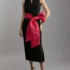 Clean Tailored Taffeta Contrast Bow Tie Waist Midi Dress