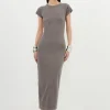 Compact Jersey Rib Cap Sleeve Maxi Dress