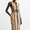 Compact Stretch Belted Sleeveless Tailored Midi Dress