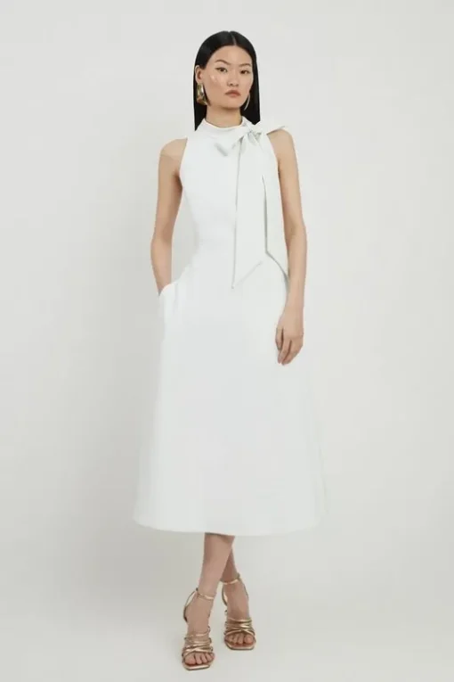 Compact Stretch Bow Tie Neck Full Skirted Midi Dress