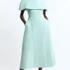 Compact Stretch Cape Sleeve Full Skirt Tailored Midaxi Dress