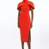 Compact Stretch Caped Cap Sleeved Neck Tie Tailored Midi Dress