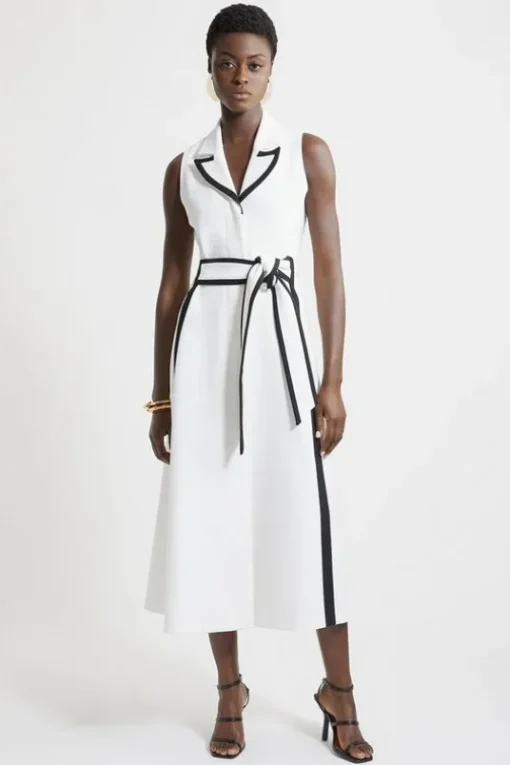 Compact Stretch Contrast Tipped Belted Full Skirt Maxi Dress