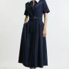 Compact Stretch Contrast Collar Full Skirted Midi Dress