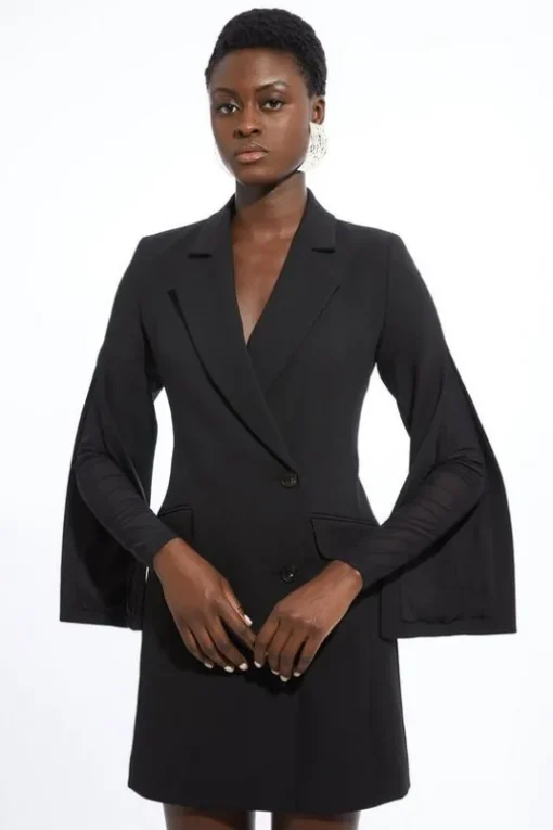 Compact Stretch Mesh Detailed Midi Blazer Dress