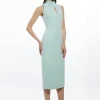 Compact Stretch Neck Tie Panelled Midi Dress