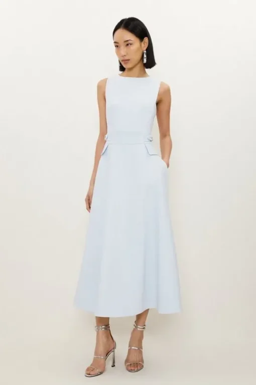 Compact Stretch Tab Waist Detail Full Skirt Midi Dress