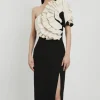 Compact Stretch Taffeta Ruffle One Shoulder Midi Dress