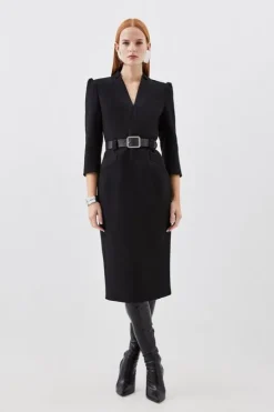 Compact Stretch Tailored Forever Belted Midi Dress