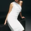Compact Stretch Viscose Asymmetric Tailored Pencil Midi Dress