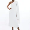 Compact Stretch Viscose One Shoulder Drape Full Skirt Dress