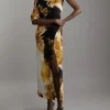 Compact Stretch Viscose Printed Photographic Floral One Shoulder Maxi Dress