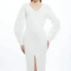Compact Wool Look V Neck Round Sleeve Knit Midi Dress