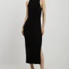 Cotton Blend Belted Knit Racer Midi Dress