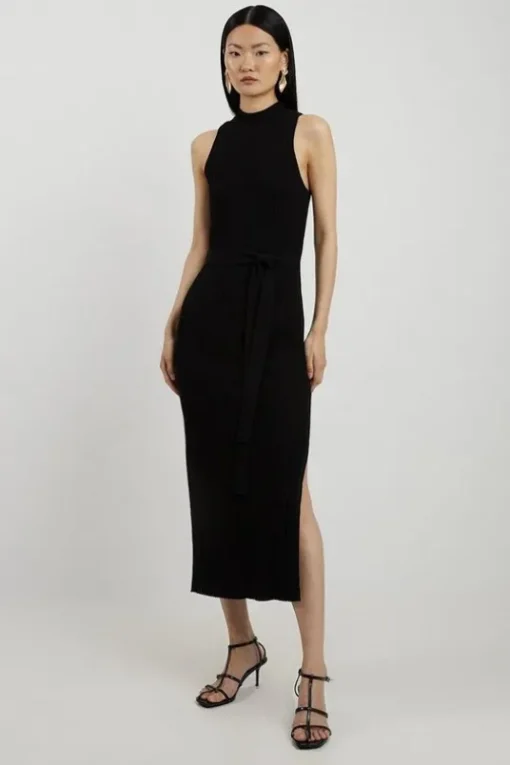 Cotton Blend Belted Knit Racer Midi Dress