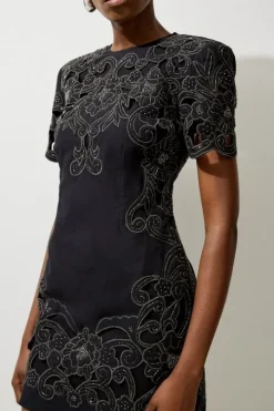 Cotton Quilted Cutwork Beaded Woven Mini Dress