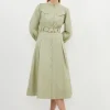 Cotton Sateen Button Detail Woven Midi Shirt Dress