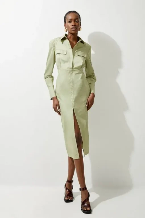 Cotton Sateen Woven Cargo Shirt Midi Dress