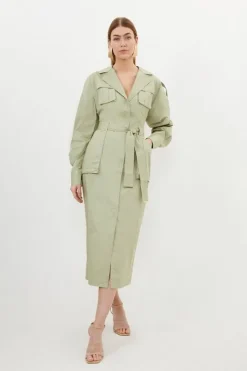 Cotton Sateen Woven Midi Shirt Dress